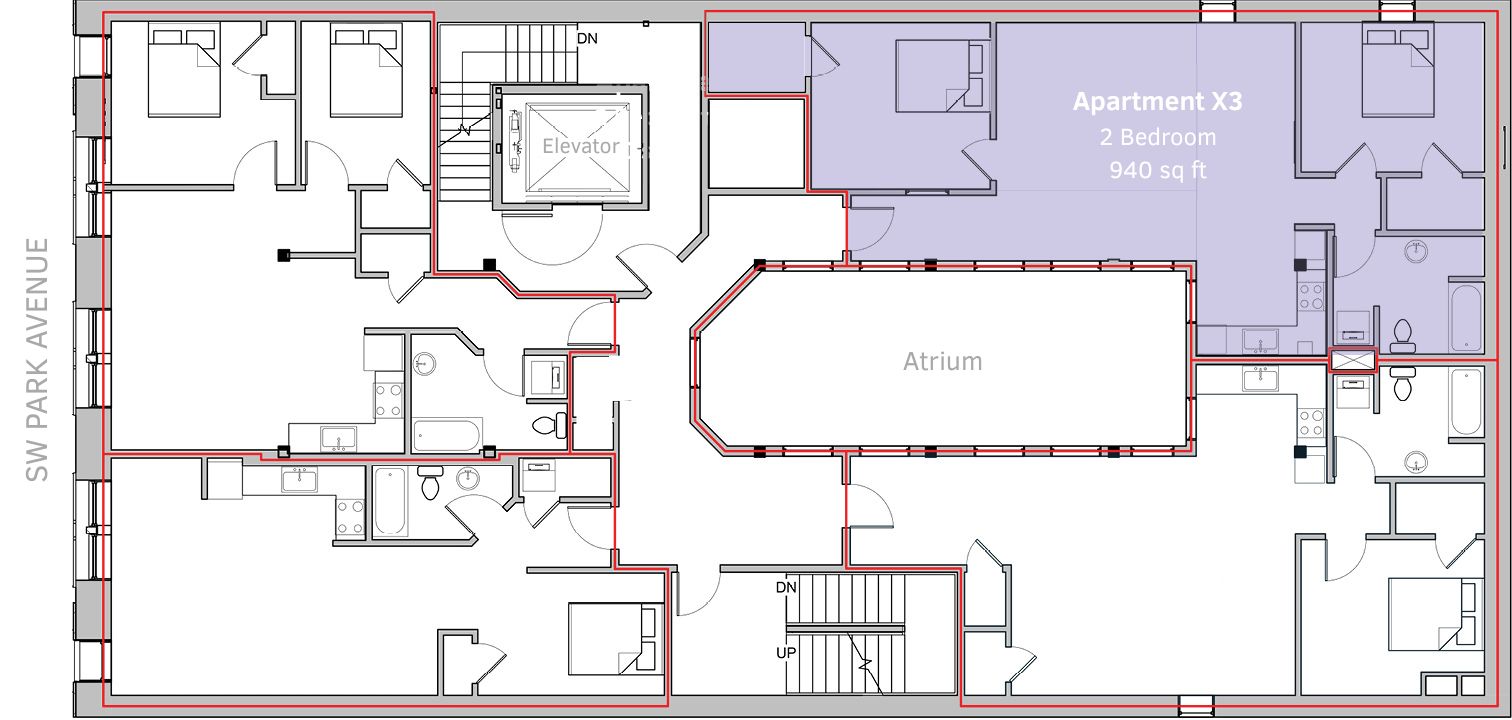 two bedroom apartment floor plan in downtown Portland