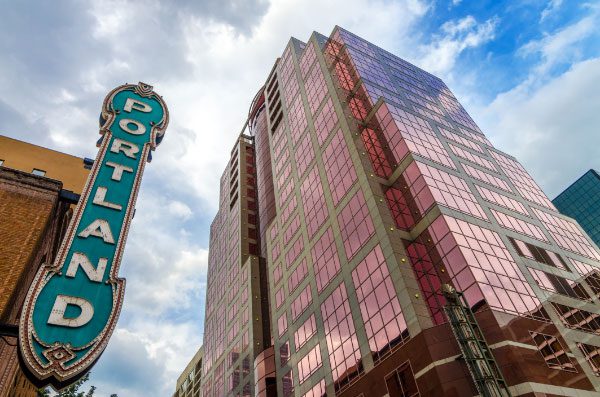 Portland sign downtown next to the Big Pink building